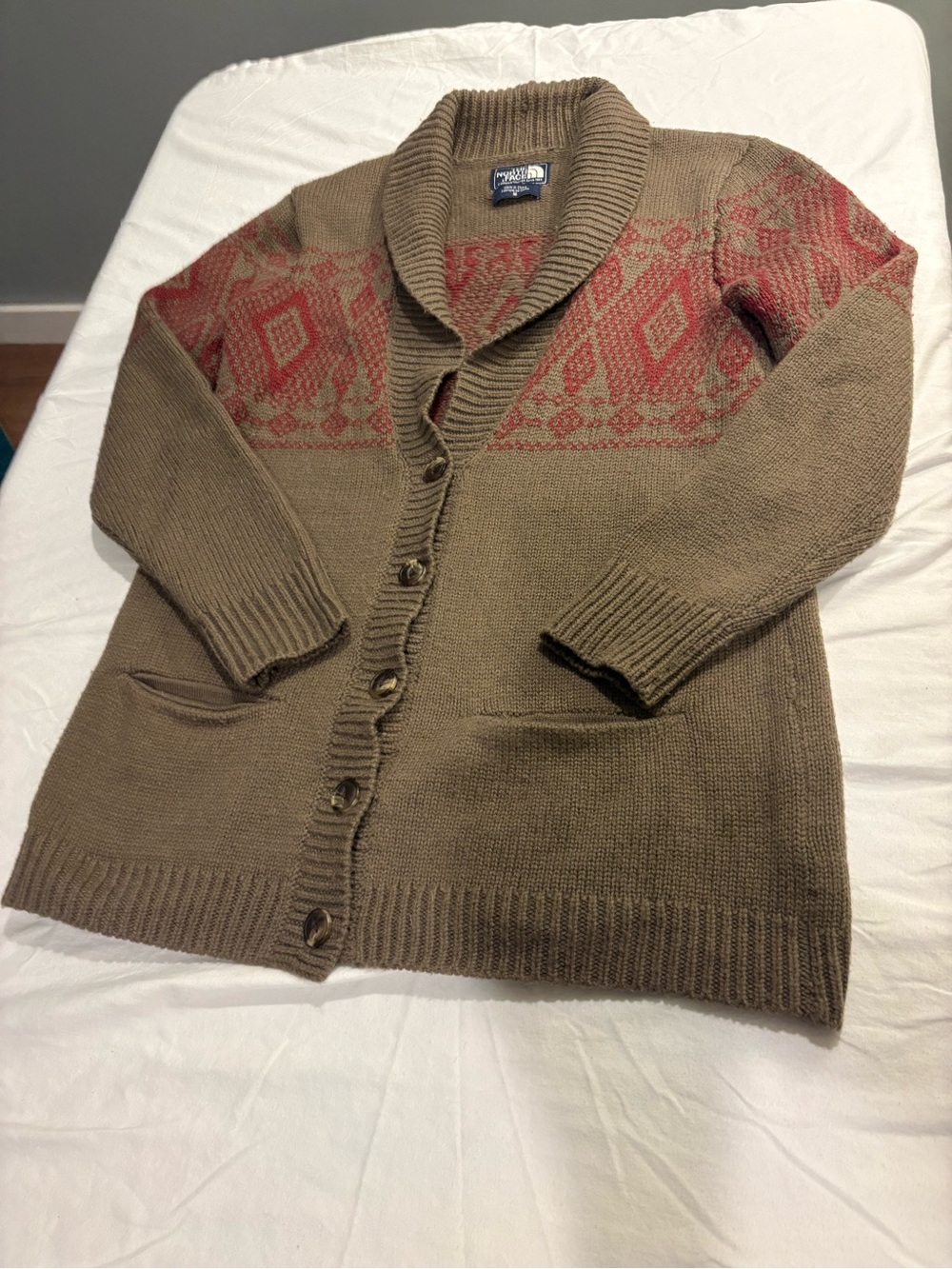 North Face Brown Shawl Collar Button-Front Sweater with Red Pattern - Picture 2 of 5